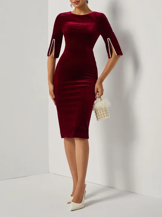 Wine Red Imitation Pearls Velvet Boat Neck Half Sleeve Sheath Midi Dress