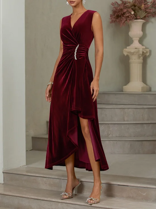 Wine Red Rhinestone Ruched Velvet V Neck Sleeveless A-Line Midi Dress