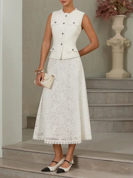 Women Tweed White Buckle Pocket Stitching Crew Neck Sleeveless Dressy Coat With Skirt Two-Piece Set