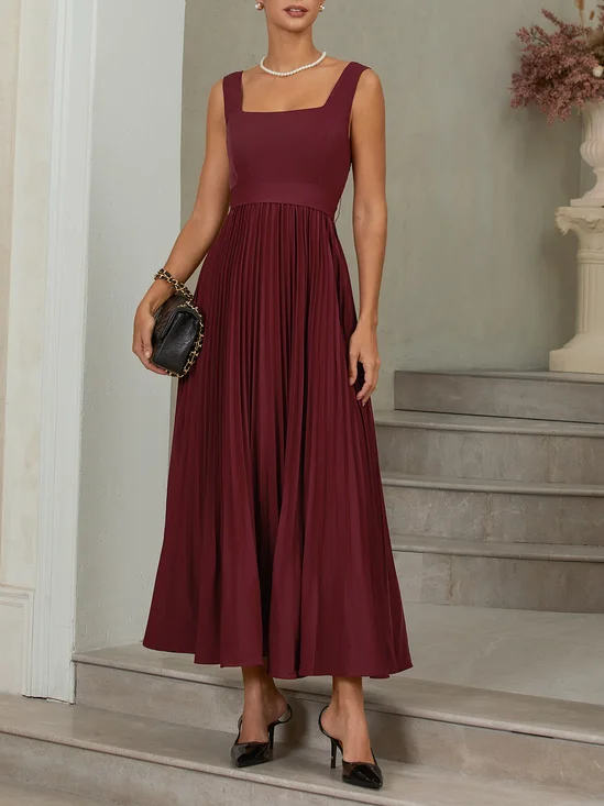 Wine Red Pleated Classic Square Neck Sleeveless A-Line Maxi Dress