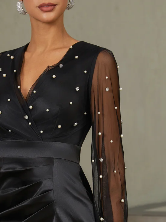 Black Beaded Slit Satin V Neck Long Sleeve Balloon Sleeve Sheath Midi Dress