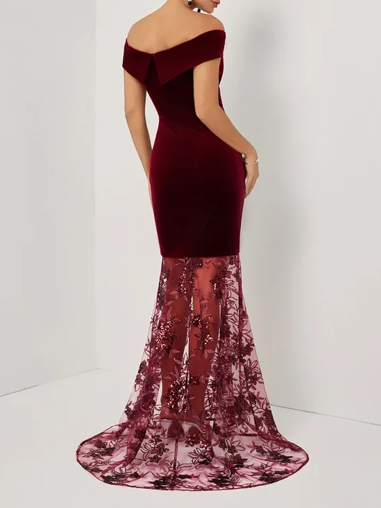 Wine Red Beaded Lace Velvet Off The Shoulder Short Sleeve Mermaid Gown Dress