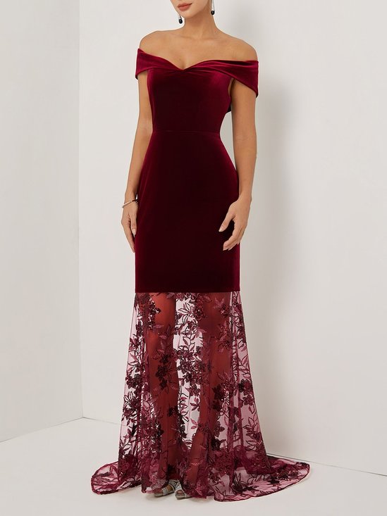 Wine Red Beaded Lace Velvet Off The Shoulder Short Sleeve Mermaid Gown Dress