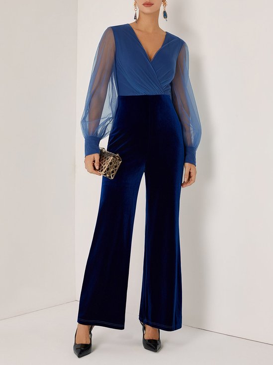 Women Royal Blue Mesh Ruched V Neck Long Sleeve Dressy Jumpsuit