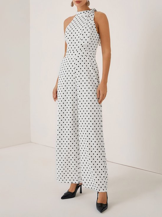 Women White Printing Bow Halter Sleeveless Dressy Jumpsuit