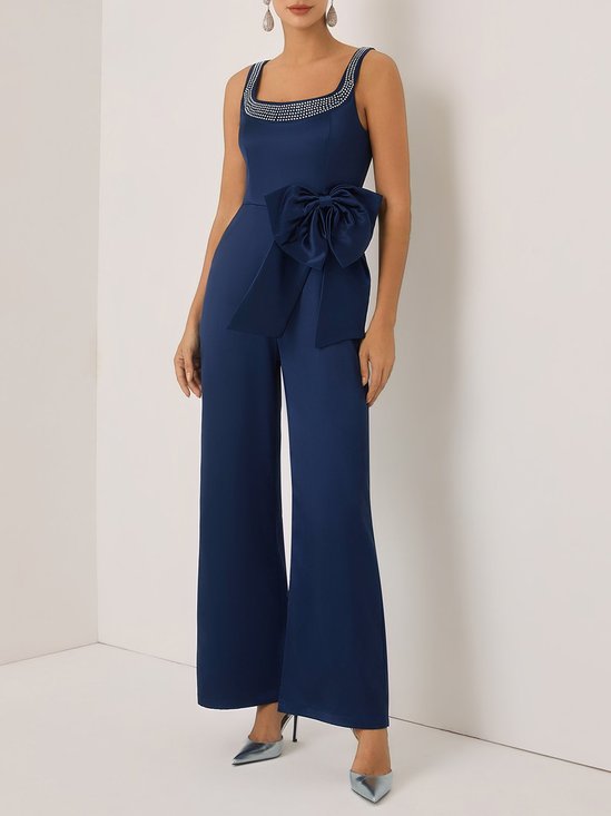 Women Purplish Blue Bow Rhinestone Crew Neck Sleeveless Dressy Jumpsuit