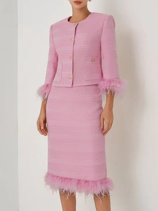 Women Rose Red Feather-trimmed Buckle Crew Neck Three Quarter Sleeve Dressy Coat With Skirt Two-Piece Set