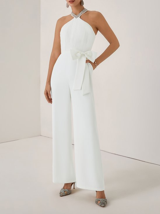 Women White Pleated Rhinestone Halter Sleeveless Dressy Jumpsuit