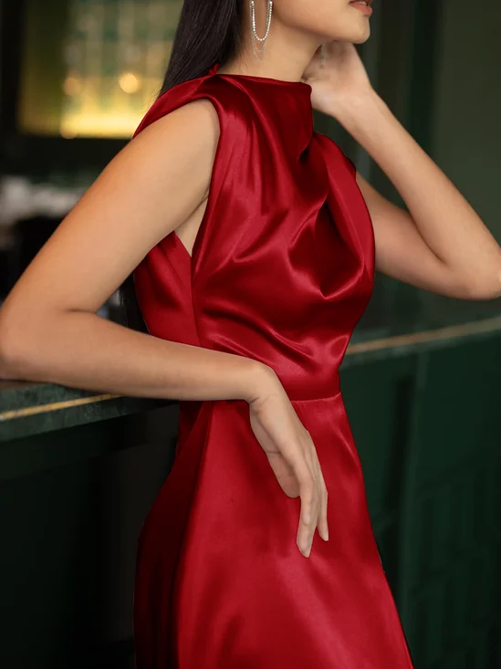 Red Satin Mock Neck Sleeveless A-Line Midi Dress