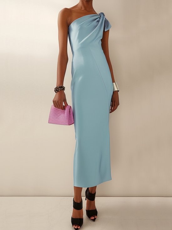 Blue Bow One-Shoulder Sheath Maxi Dress