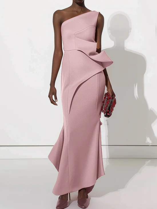 Pink Ruched One Shoulder Sleeveless Sheath Maxi Dress