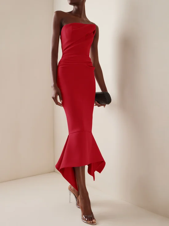 Red Strapless Sheath Mermaid Maxi Dress with Flouncing Skirt