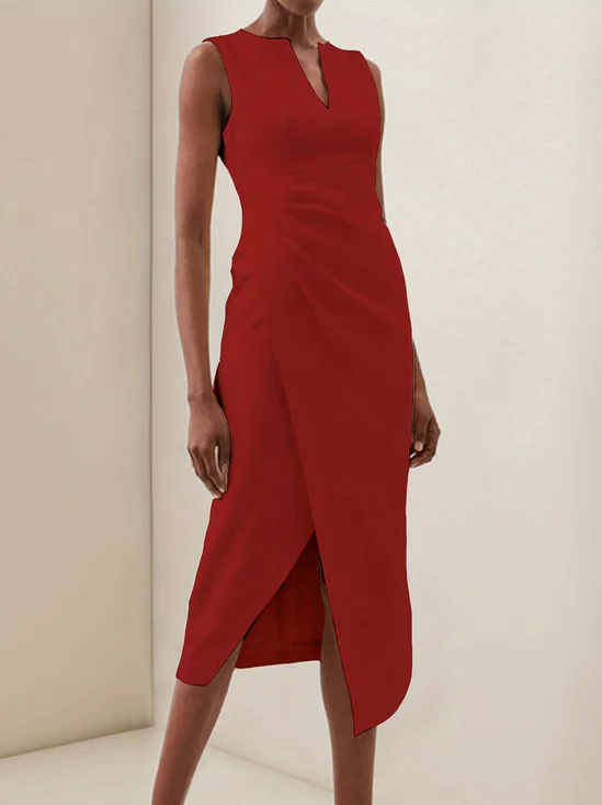 Mittoshop Ruched V-Neck Sleeveless Midi Dress