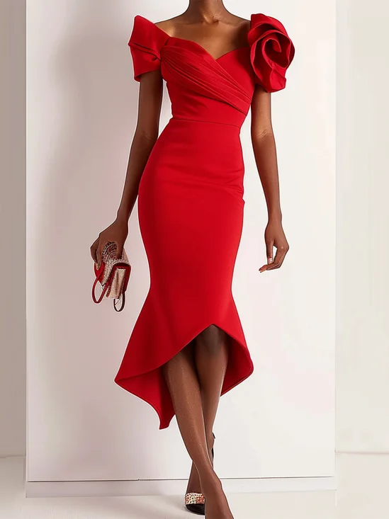 Red 3D Floral Off The Shoulder Mermaid Midi Dress