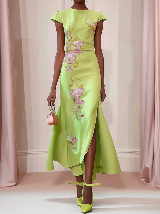 Green Floral Embroidered Cap Sleeve Slit Sheath  Maxi Dress