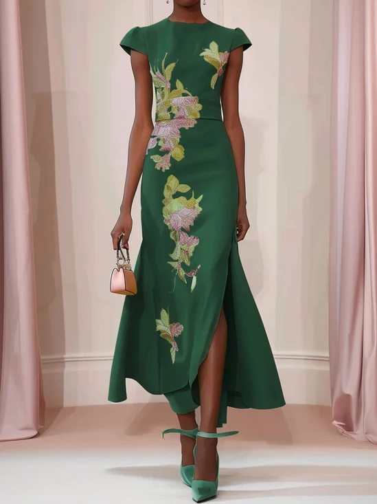 Dark Green Floral Embroidered Cap Sleeve Slit A-Line Maxi Dress