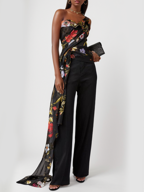 Women Black Floral One-Shoulder Chiffon Two-Piece Set