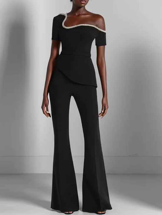 Women Black Asymmetrical Rheinstone Wide-Leg Jumpsuit
