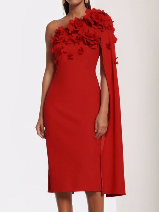 Pink 3D Floral One Shoulder Removable Sleeve Sheath Midi Dress