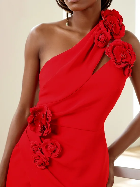 Red 3D Floral One-Shoulder Sheath Midi Dress