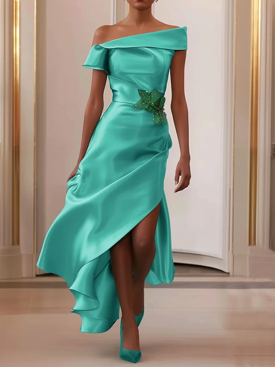 Cyan One-Shoulder Slit A-Line Maxi Dress