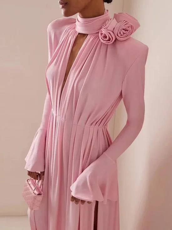 Pink 3D Floral Deep V Neck Long Bell Sleeve Slit A-Line Maxi Dress