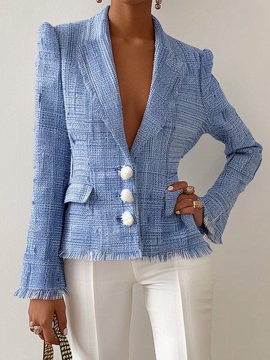 Women Blue Lapel Collar Buckle Tweed Blazer With Pockets