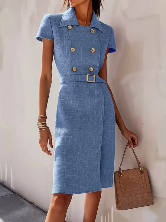 Blue Short Sleeve Tweed Sheath Midi Dress With Belt