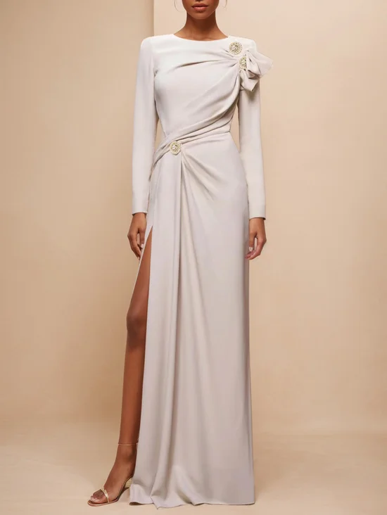 Apricot Ruched Long Sleeve Slit Shift Maxi Dress
