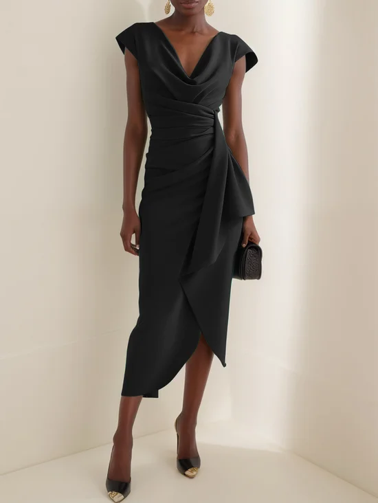 Black Cowl Neck Ruched Cap Sleeve Sheath Midi Dress