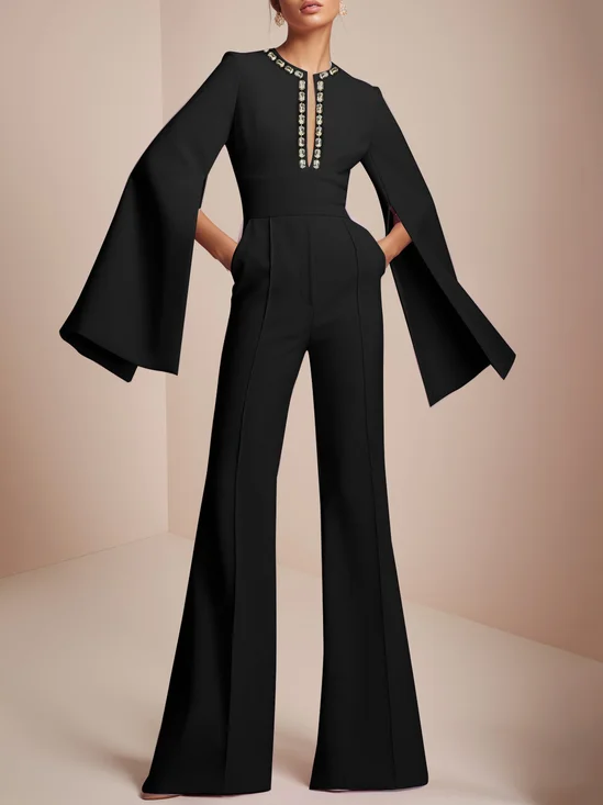 Women Black Rhinestone Split Bell Sleeve Wide-Leg Jumpsuit