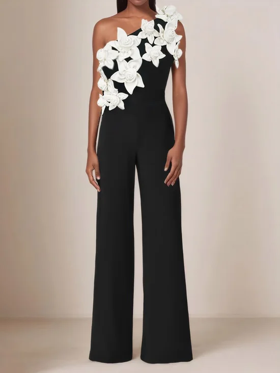 Women Black One Shoulder 3D Floral Wide-Leg Jumpsuit