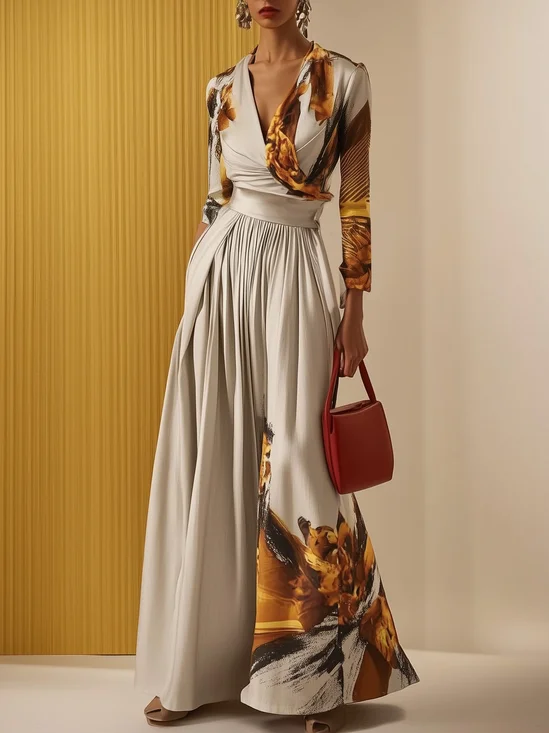 Women Light Khaki Floral V Neck Long Sleeve Wide-Leg Jumpsuit