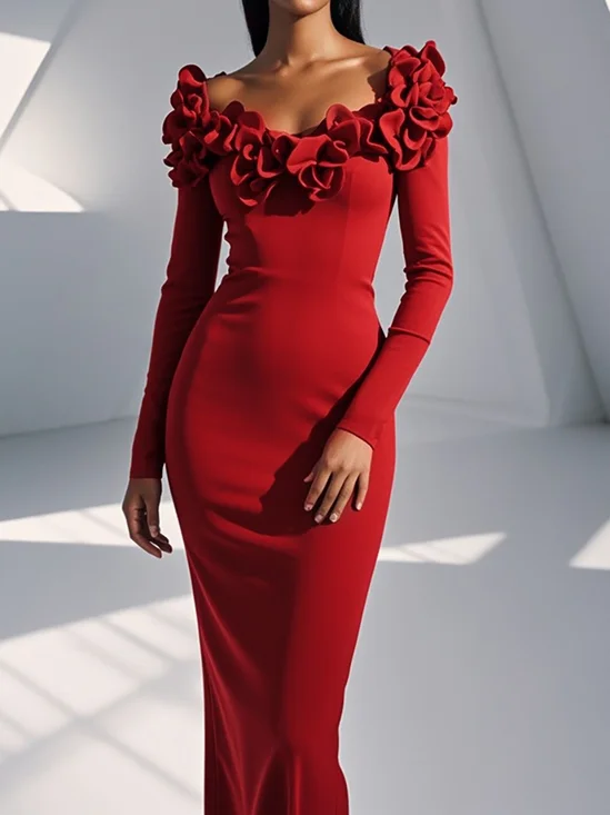 Red 3D Floral Long Sleeve Sheath Maxi Dress