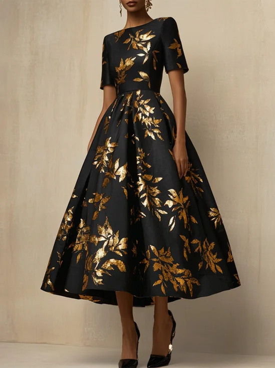 Black Gold Hot Stamping Floral Short Sleeve A-Line Maxi Dress