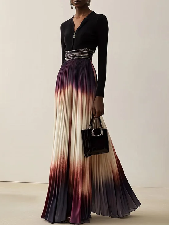 Women Ombre Black Long Sleeve A-line Pleated Two-Piece Set