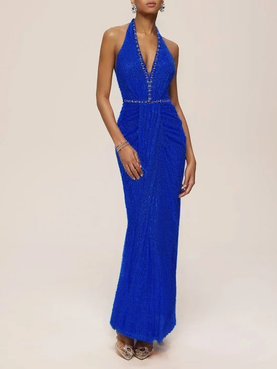 Blue Sequin Rhinestone Halter Sleeveless Sheath Maxi Dress