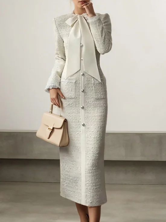 White Bow Long Sleeve Sheath Midi Tweed Blazer Dress