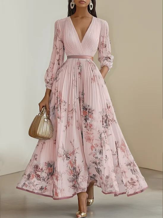 Pink Pleated Floral Chiffon V Neck Long Sleeve Balloon Sleeve A-Line Maxi Dress