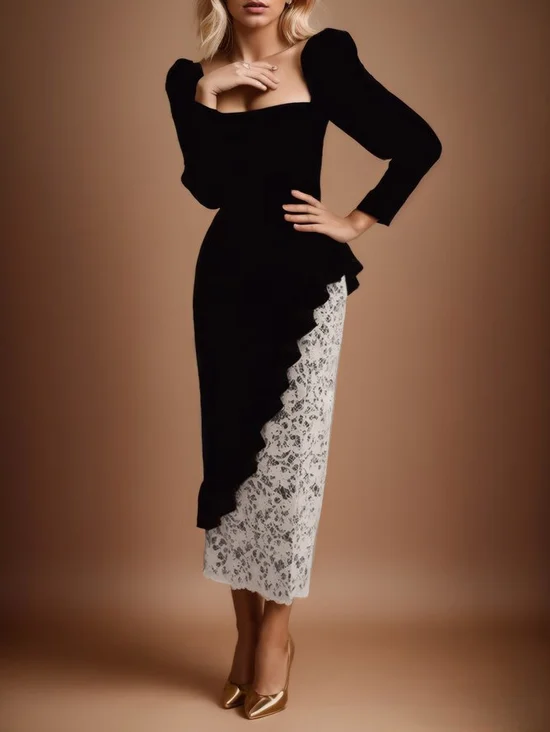 Black Lace Ruffled Square Neck Sheath Midi Velvet Dress