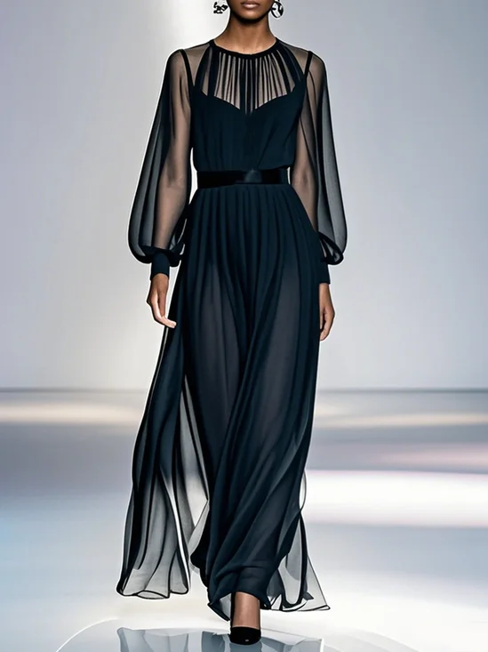 Black Mesh Ruched Chiffon Crew Neck Long  Balloon Sleeve A-Line Maxi Dress