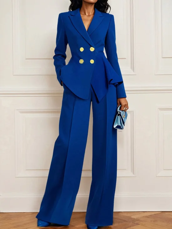 Women Buckle Lapel Collar Long Sleeve Two-Piece Set