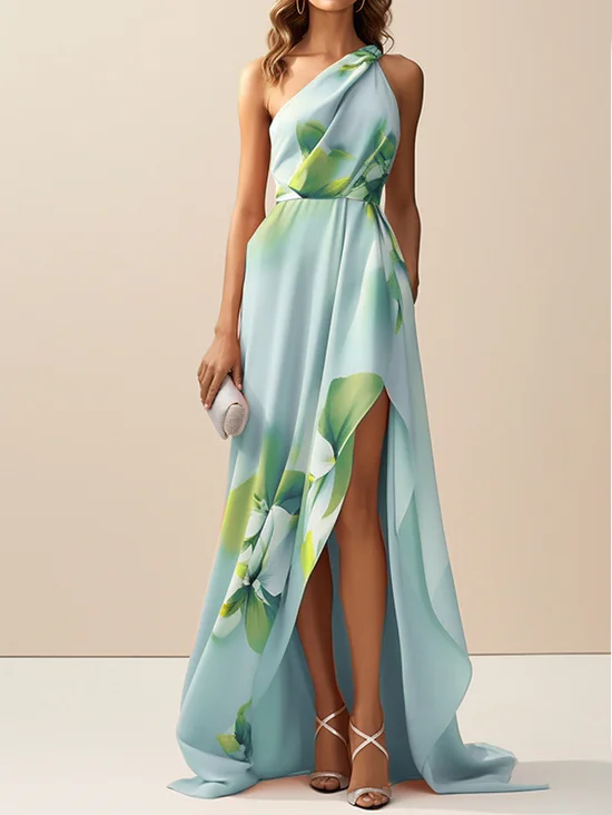 Light Blue Asymmetric Floral Classic One Shoulder Sleeveless A-Line Maxi Dress