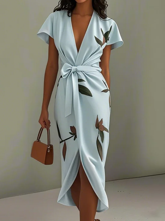 Light Blue Floral Satin V Neck Cap Sleeve Sheath Midi Dress