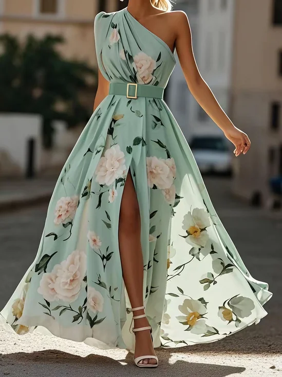 Ruched One Shoulder A-Line Maxi Chiffon Dress