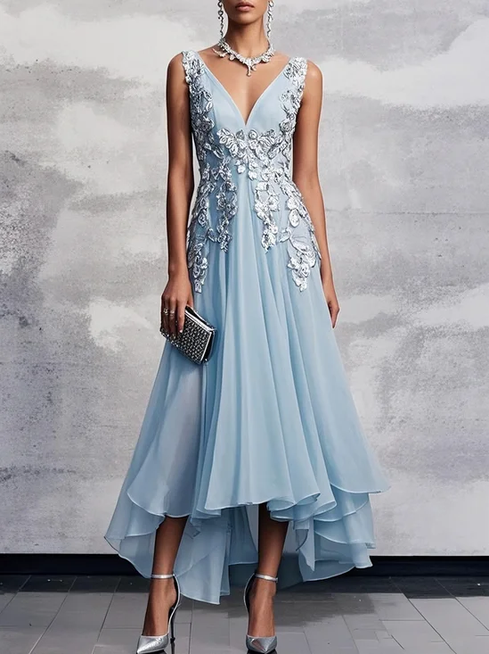 Light Blue Prom Lace Asymmetric Chiffon V Neck Sleeveless A-Line Maxi Homecoming Dress
