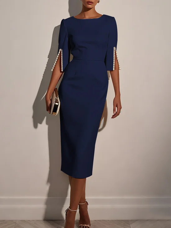 Purplish blue Imitation Pearls Classic Crew Neck Half Sleeve Sheath Midi Dress