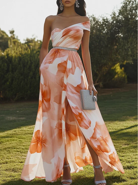 Orange Multicolor Floral Rhinestone Slit Chiffon One Shoulder Sleeveless A-Line Maxi Dress