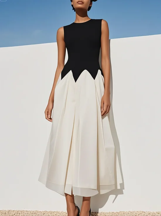 Black Split Joint Crew Neck Sleeveless A-Line Midi Dress