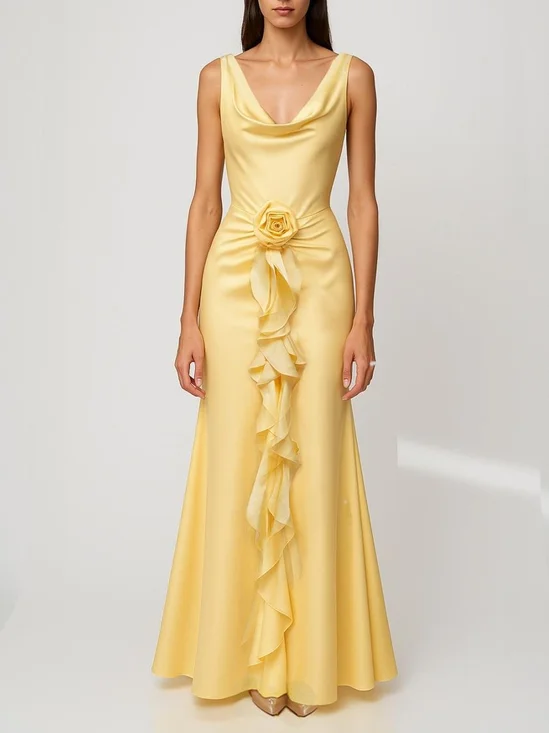 Yellow 3D Floral Ruffled Satin Cowl Neck Sleeveless Mermaid Maxi Dress